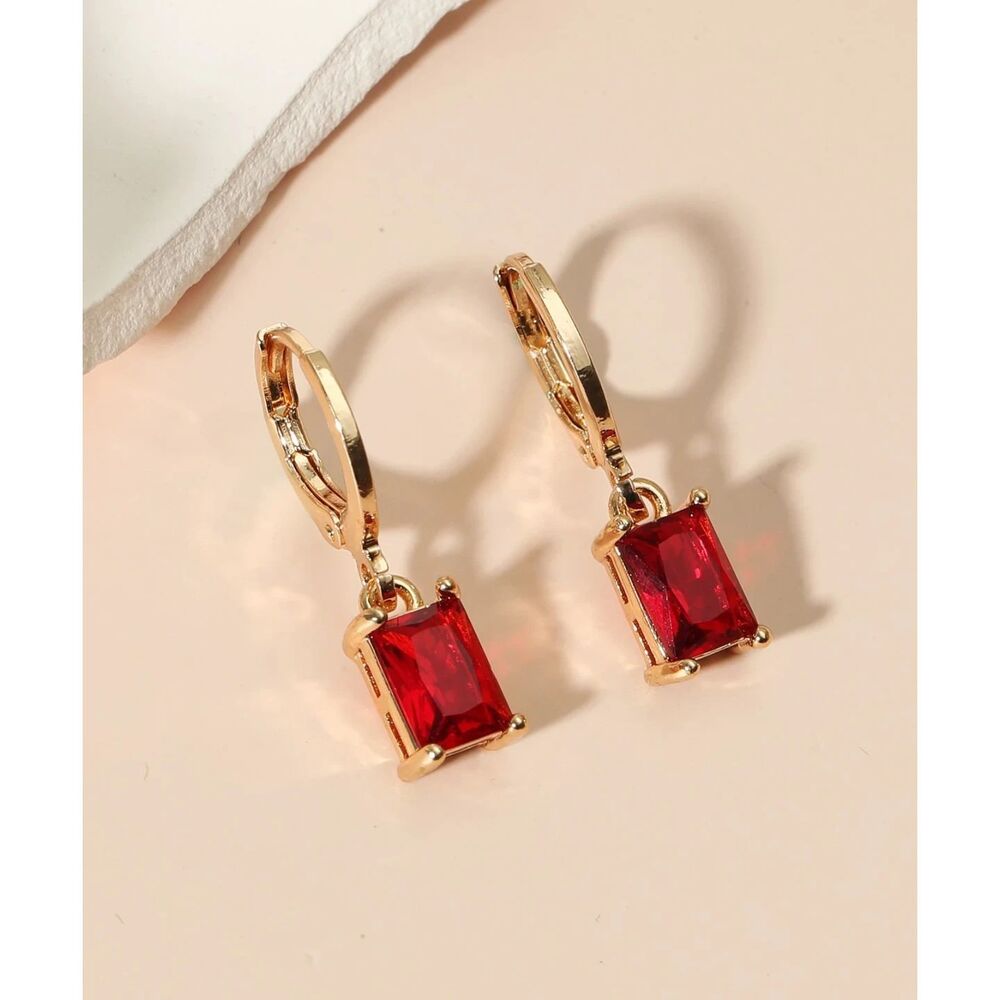 Emerald Cut Red Rhinestone Gold Drop Earrings Dangle Pendant Hoop Elegant Stylsh